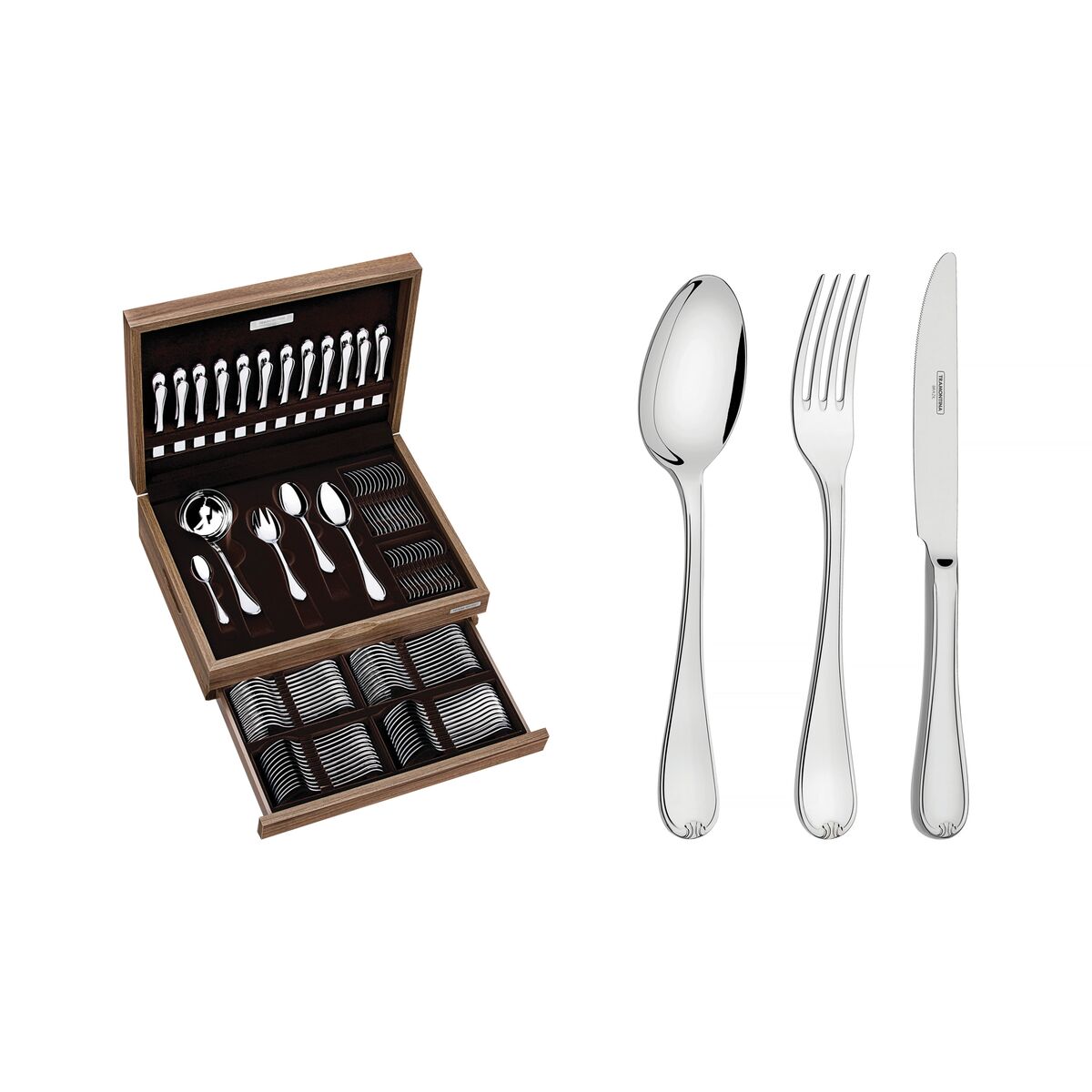 Faqueiro Tramontina Vicenza em Aço Inox com Facas de Mesa Forjadas Acabamento Alto Brilho com Detalhes no Cabo e Estojo de Madeira 101 Peças - Edição Especial