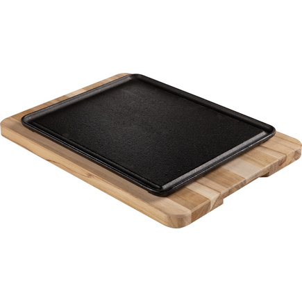Mix Grill Retangular em Ferro Fundido com Base em Madeira Teca com Acabamento Lixado.