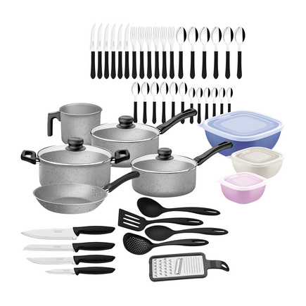 Kit Tramontina 47 peças para Cozinha com Panelas Antiaderentes em Alumínio, Talheres, Facas e Utensílios Domésticos