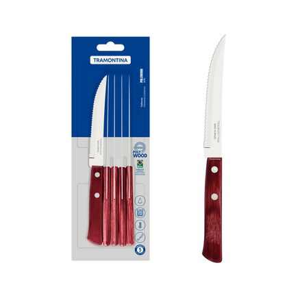 Conjunto de Facas para Churrasco Tramontina com Lâminas em Aço Inox e Cabos em Madeira Tratada Polywood Vermelho 6 Peças