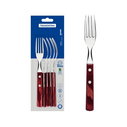 Conjunto de Garfos de Mesa Tramontina com Lâminas em Aço Inox e Cabos em Madeira Tratada Polywood Vermelho 6 Peças