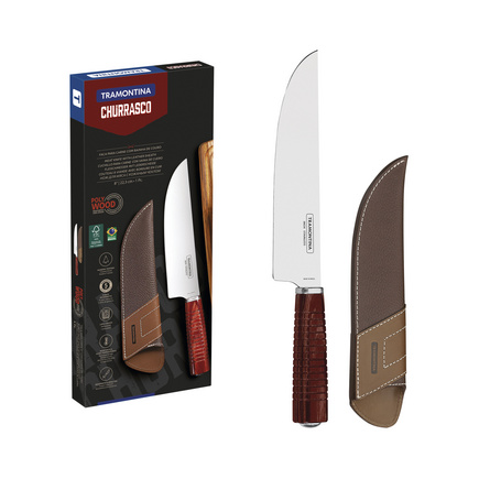 Faca para Carne Tramontina com Lâmina em Aço Inox e Cabo de Madeira Tratada Polywood Vermelho com Bainha de Couro 8
