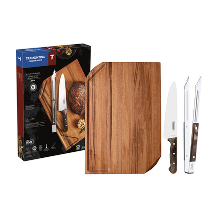 Kit para Churrasco Tramontina com Lâmina em Aço Inox Cabo de Madeira Polywood Castanho com Tábua de Madeira 3 Peças
