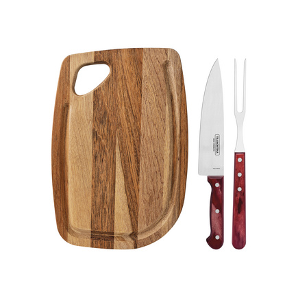Kit para Churrasco Tramontina com Lâminas em Aço Inox e Cabo Polywood Vermelho com Tábua de Madeira 3 Peças