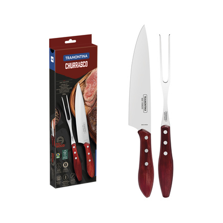 Jogo Trinchante para Churrasco Tramontina com Lâmina em Aço Inox e Cabo em Madeira Tratada Polywood Vermelho 2 Peças