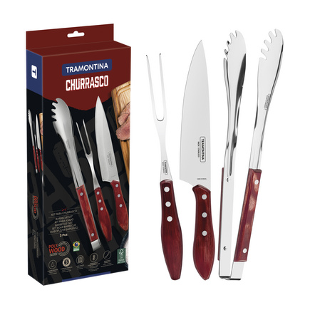 Jogo para Churrasco Tramontina com Lâminas em Aço Inox com Cabo de Madeira Tratada Polywood Vermelho 3 Peças