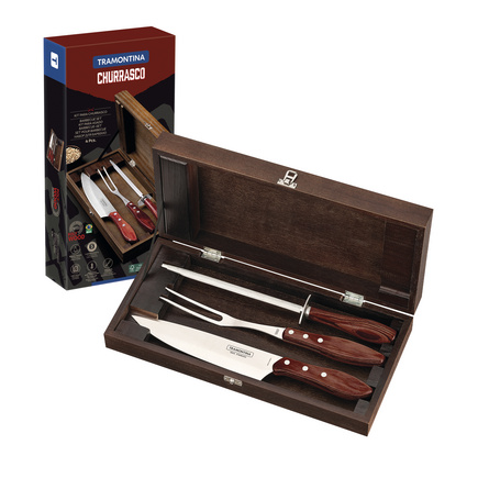 Kit para Churrasco Tramontina em Aço Inox e Cabo de Madeira Vermelho Polywood com Estojo de Madeira 4 Peças
