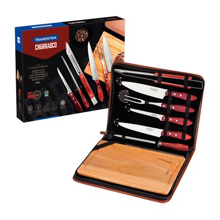 Kit para Churrasco Tramontina com Lâminas em Aço Inox e Cabos de Madeira Polywood Vermelho com Tábua e Estojo 8 Peças