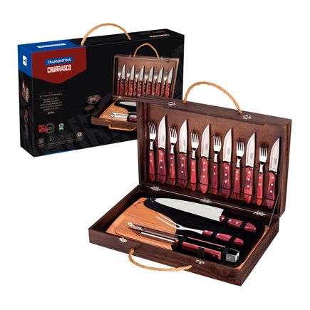 Kit para Churrasco Tramontina com Talheres Jumbo em Aço Inox Cabo Vermelho Polywood com Tábua e Estojo de Madeira 17 Peças
