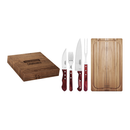 Kit para Churrasco Tramontina com Lâminas em Aço Inox e Cabos em Madeira Polywood Vermelho com Caixa de Papelão 15 Peças