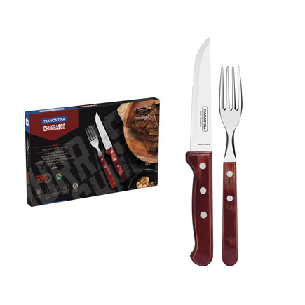 Jogo de Talheres Jumbo Tramontina Churrasco com Lâminas em Aço Inox e Cabos de Madeira Polywood Vermelho 12 Peças
