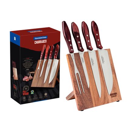 Jogo para Churrasco Tramontina com Lâminas em Aço Inox e Cabos em Madeira Polywood Vermelho 5 Peças