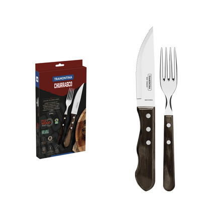 Jogo de Talheres Jumbo para Churrasco Tramontina em Aço Inox com Cabo Castanho Polywood 4 Peças