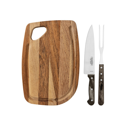 Kit para Churrasco Tramontina com Lâmina em Aço Inox Cabo de Madeira Polywood Castanho com Tábua de Madeira 3 Peças