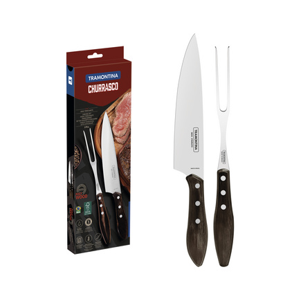 Jogo Trinchante para Churrasco Tramontina com Lâmina em Aço Inox e Cabo em Madeira Tratada Polywood Castanho 2 Peças