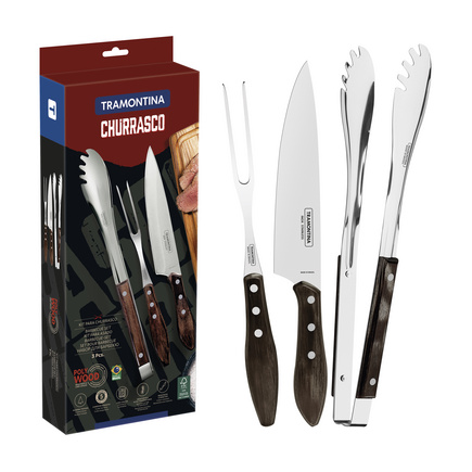 Jogo para Churrasco Tramontina com Lâminas em Aço Inox com Cabo de Madeira Tratada Polywood Castanho 3 Peças
