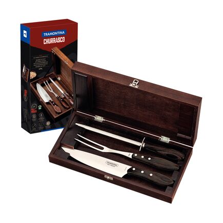 Kit para Churrasco Tramontina em Aço Inox com Cabo Castanho Polywood com Estojo em Madeira 4 Peças