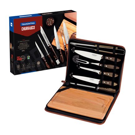 Kit para Churrasco Tramontina com Lâminas em Aço Inox e Cabos de Madeira Polywood Castanho com Tábua e Estojo 8 Peças
