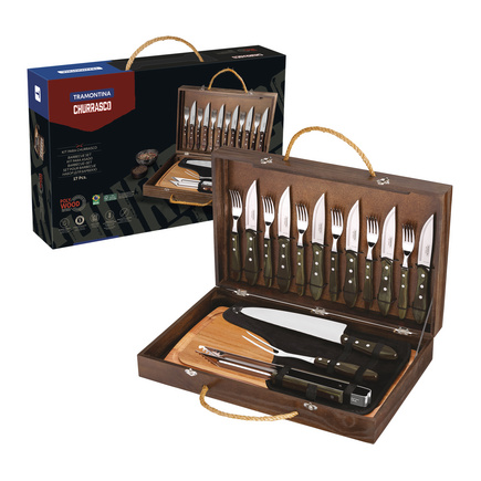 Kit para Churrasco Tramontina com Talheres Jumbo em Aço Inox Cabo Castanho Polywood com Tábua e Estojo de Madeira 17 Peças
