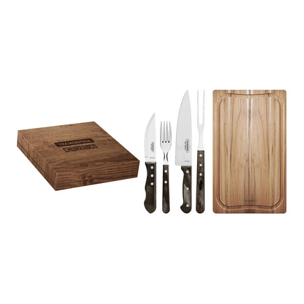 Kit para Churrasco Tramontina com Lâminas em Aço Inox e Cabos em Madeira Polywood Castanho com Caixa de Papelão 15 Peças