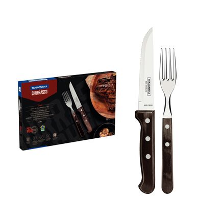 Jogo de Talheres Jumbo Tramontina Churrasco com Lâminas em Aço Inox e Cabos de Madeira Polywood Castanho 12 Peças
