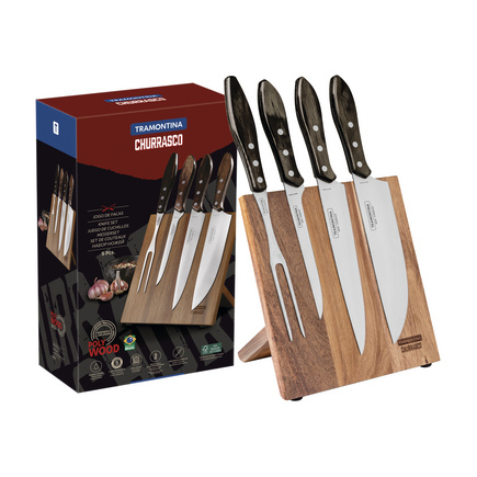 Jogo para Churrasco Tramontina com Lâminas em Aço Inox e Cabos em Madeira Polywood Castanho 5 Peças