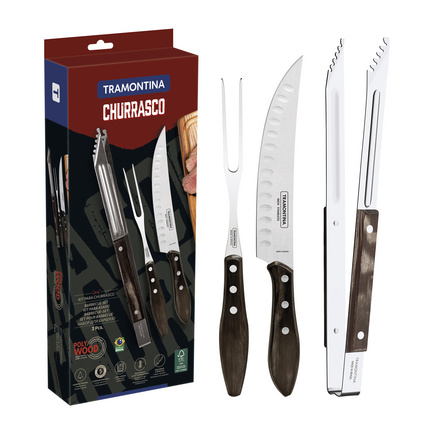 Jogo para Churrasco Tramontina com Lâminas em Aço Inox com Cabo de Madeira Tratada Polywood Castanho 3 Peças
