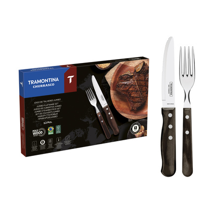 Jogo de Talheres Jumbo Tramontina Churrasco com Lâminas em Aço Inox e Cabos de Madeira Polywood Castanho 12 Peças
