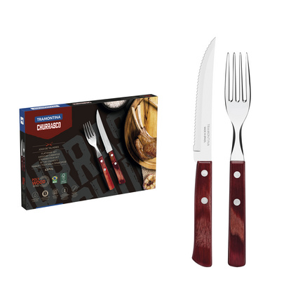 Jogo de Talheres para Churrasco Tramontina em Aço Inox com Cabo Vermelho Polywood 12 Peças