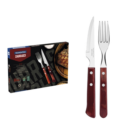 Jogo de Talheres para Churrasco Tramontina em Aço Inox com Cabo Vermelho Polywood 12 Peças
