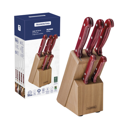 Jogo de Facas Tramontina Polywood com Lâminas em Aço Inox e Cabos de Madeira Tratada Vermelho com Suporte de Madeira 6 Peças