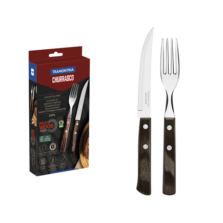 Jogo de Talheres para Churrasco Tramontina em Aço Inox com Cabo Castanho Polywood 12 Peças