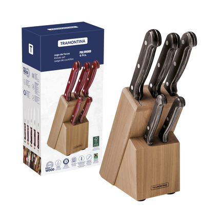 Jogo de Facas Tramontina Polywood com Lâminas em Aço Inox e Cabos de Madeira Tratada Castanho com Suporte de Madeira 6 Peças