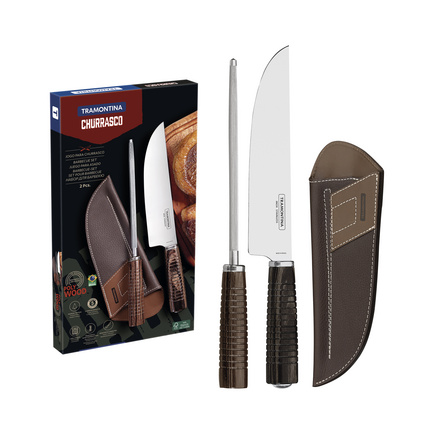 Jogo de Facas Tramontina com Lâminas em Aço Inox e Cabos de Madeira Tratada Polywood Castanho com Chaira 02 Peças