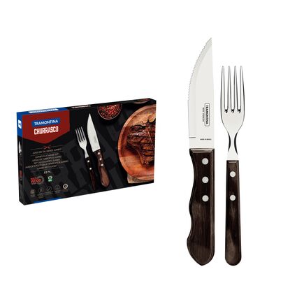 Jogo de Talheres para Churrasco Jumbo Tramontina em Aço Inox com Cabo Castanho Polywood 12 Peças