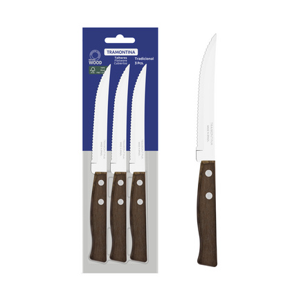 Conjunto de Facas para Churrasco e Frutas Tramontina Tradicional com Lâminas em Aço Inox e Cabos de Madeira Natural 3 Peças
