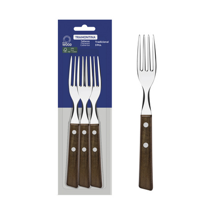 Conjunto de Garfos de Mesa Tramontina Tradicional com Lâminas em Aço Inox e Cabos de Madeira Natural 03 Peças