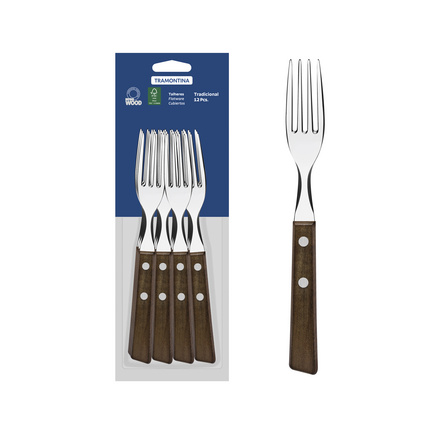 Conjunto de Garfos de Mesa Tramontina Tradicional com Lâminas em Aço Inox e Cabos de Madeira Natural 12 Peças