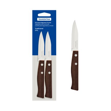 Conjunto de Facas para Legumes e Frutas Tramontina Tradicional com Lâminas em Aço Inox e Cabos de Madeira Natural 02 Peças