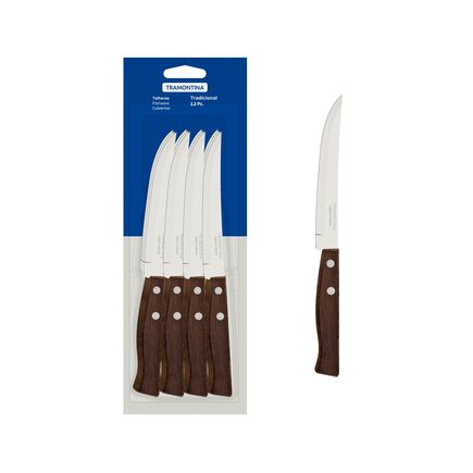 Conjunto de Facas para Churrasco Tramontina Tradicional com Lâminas em Aço Inox com fio liso e Cabos em Madeira Natural 12 Peças