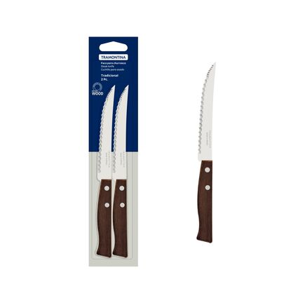 Conjunto de Facas para Churrasco Tramontina Tradicional com Lâminas em Aço Inox com Fio Microserrilhado e Cabos de Madeira Natural 02 Peças