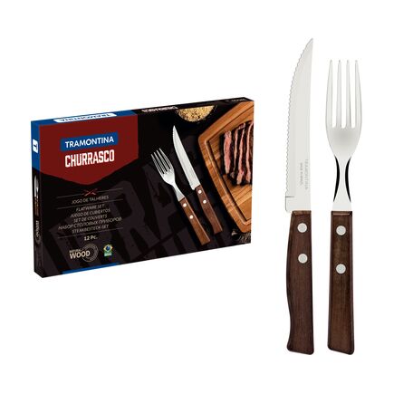 Jogo de Talheres para Churrasco Tramontina com Lâminas de Aço Inox e Cabos de Madeira Natural 12 Peças