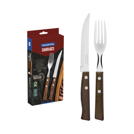 Jogo de Talheres para Churrasco Tramontina com Lâminas de Aço Inox e Cabos de Madeira Natural 12 Peças