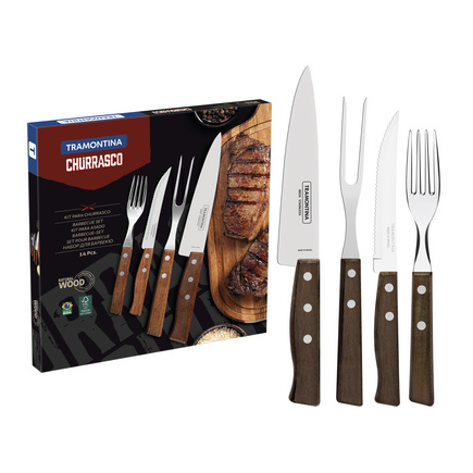 Jogo de Talheres para Churrasco Tramontina com Lâminas de Aço Inox e Cabos de Madeira Natural 14 Peças
