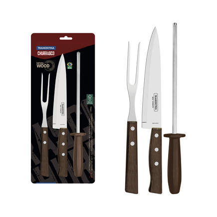 Kit para Churrasco Tramontina com Lâminas de Aço Inox e Cabos de Madeira Natural e Polipropileno 3 Peças