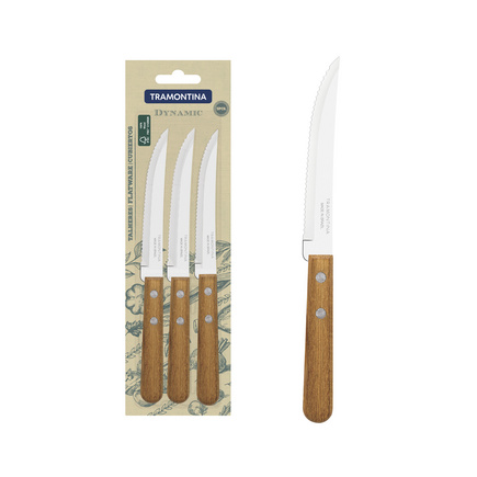 Conjunto de Facas para Churrasco e Frutas Tramontina Dynamic com Lâminas em Aço Inox e Cabos de Madeira Natural 03 Peças