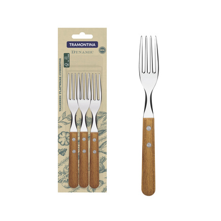 Conjunto de Garfos de Mesa Tramontina Dynamic com Lâminas em Aço Inox e Cabos de Madeira Natural 3 Peças