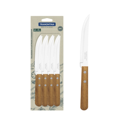 Conjunto de Facas para Churrasco Tramontina Dynamic com Lâmina em Aço Inox com Fio Liso e Cabos de Madeira Natural 12 Peças