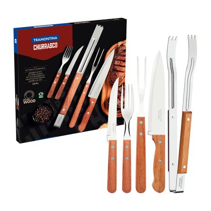 Kit para Churrasco Tramontina com Lâmina em Aço Inox e Cabos de Madeira Natural 15 Peças