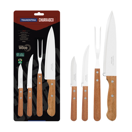 Jogo para Churrasco Tramontina Dynamic com Lâminas em Aço Inox e Cabos de Madeira Natural 04 Peças